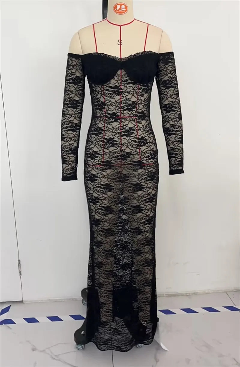 Sheer Lace Floral Off Shoulder Long Sleeve Maxi Dress