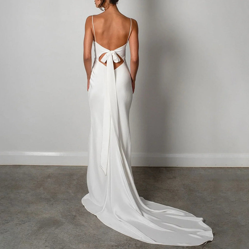 Mermaid Spaghetti Strap High Slit Satin Backless Bridal Maxi Dress