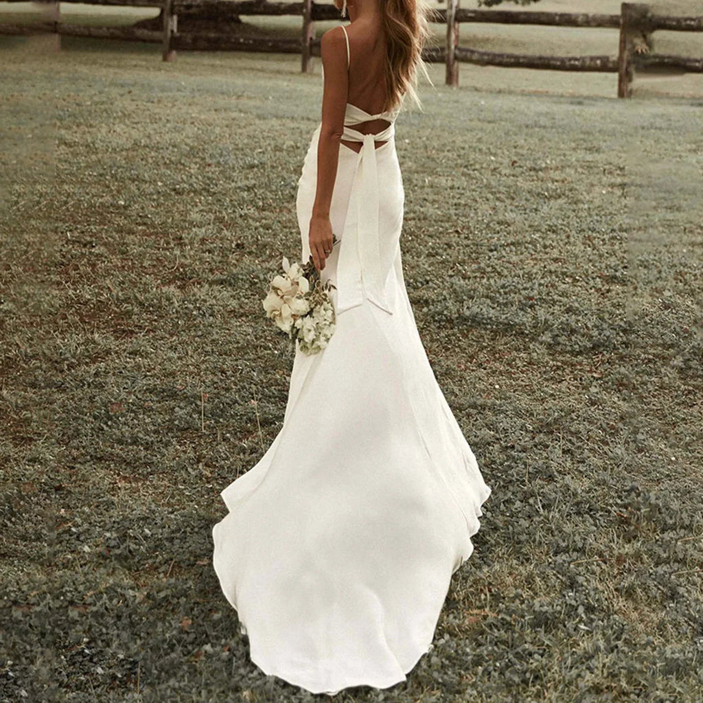 Mermaid Spaghetti Strap High Slit Satin Backless Bridal Maxi Dress