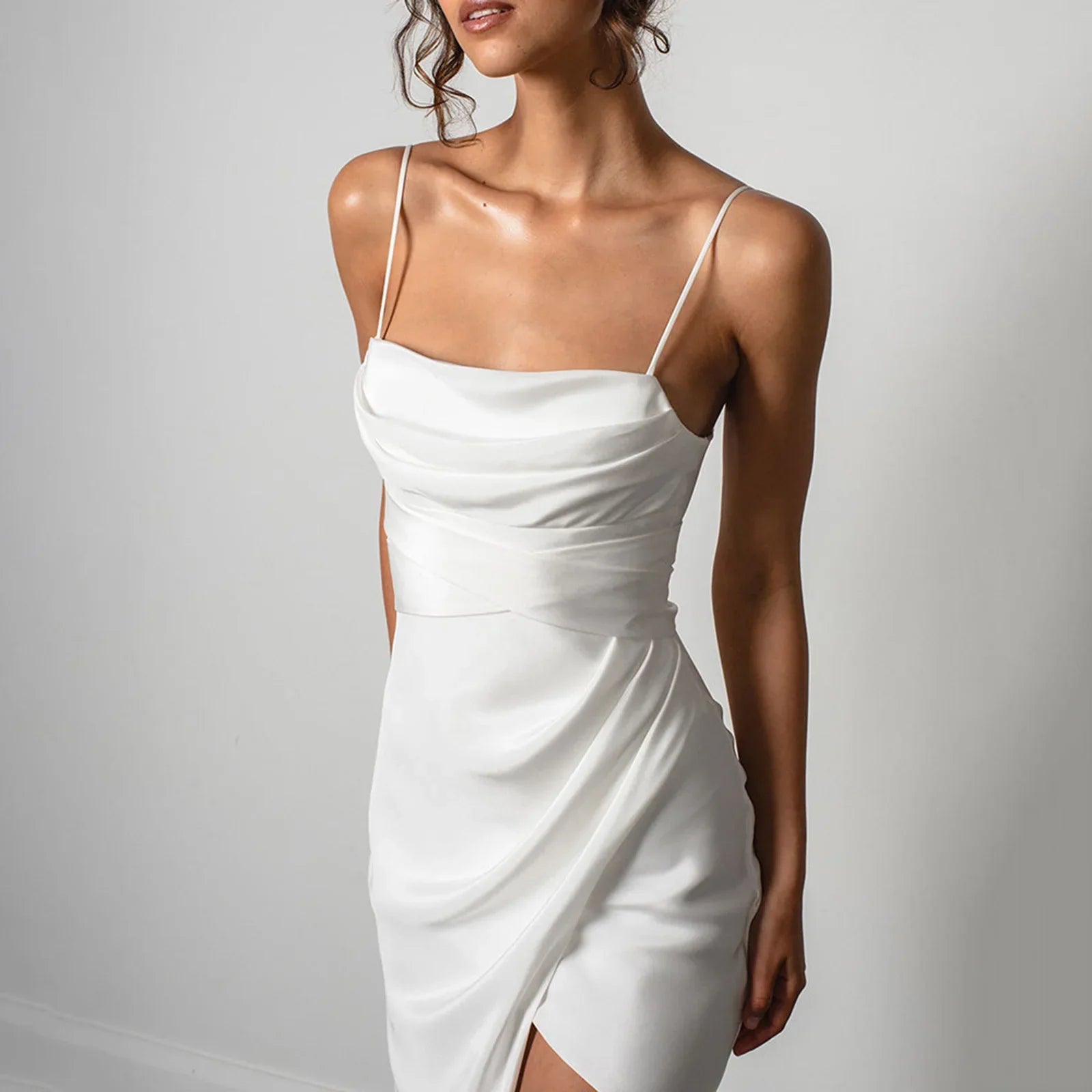 Mermaid Spaghetti Strap High Slit Satin Backless Bridal Maxi Dress