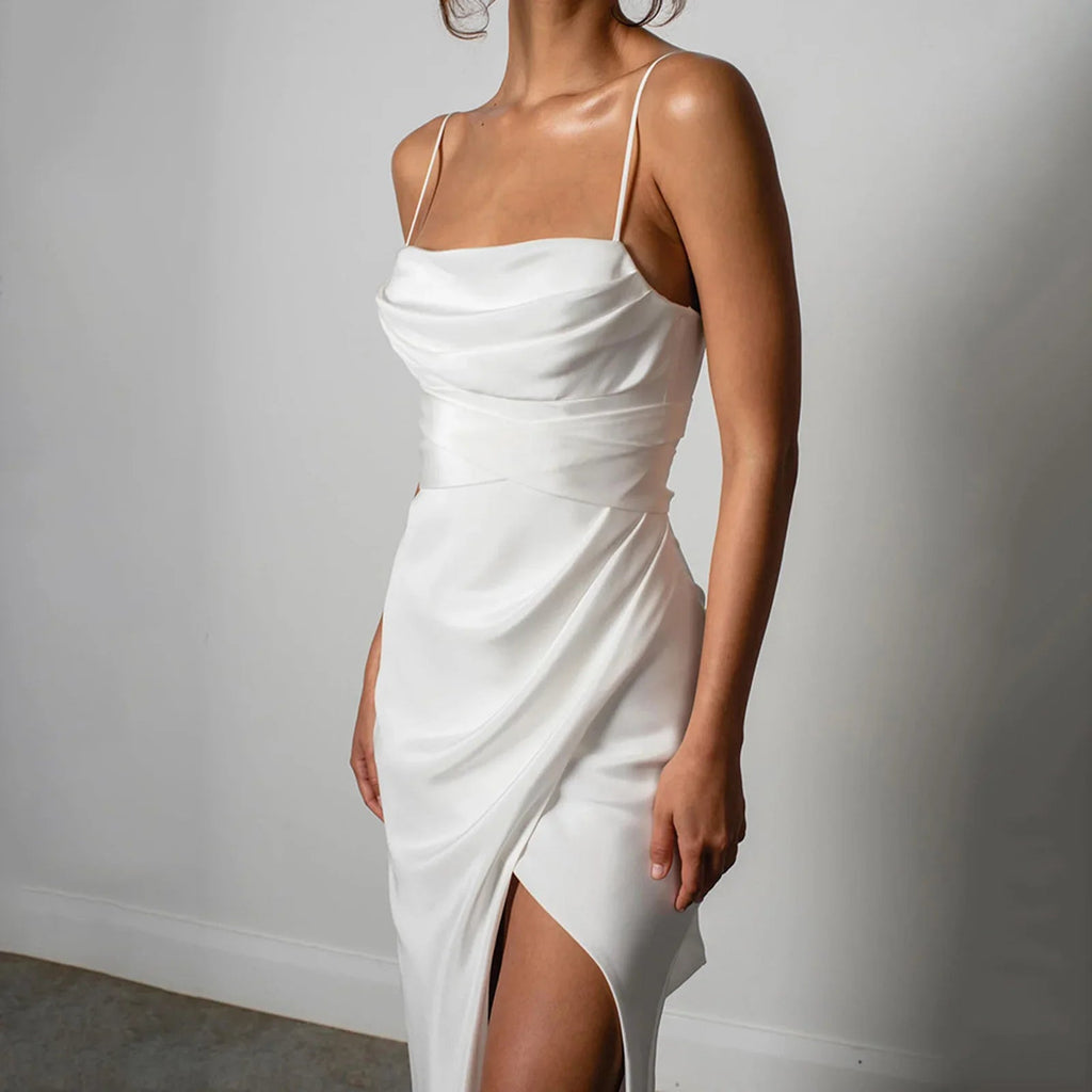 Mermaid Spaghetti Strap High Slit Satin Backless Bridal Maxi Dress