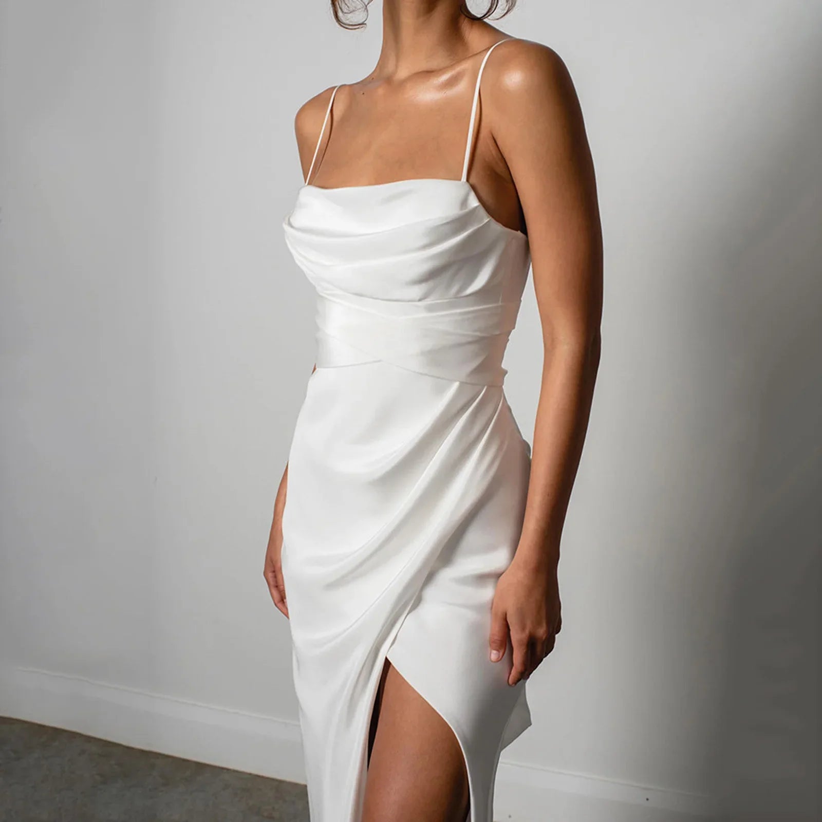 Mermaid Spaghetti Strap High Slit Satin Backless Bridal Maxi Dress