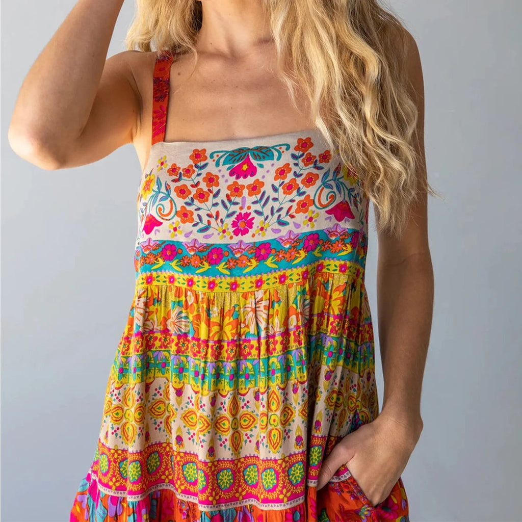 Colorful Floral Ruffle Boho Spaghetti Midi Dress