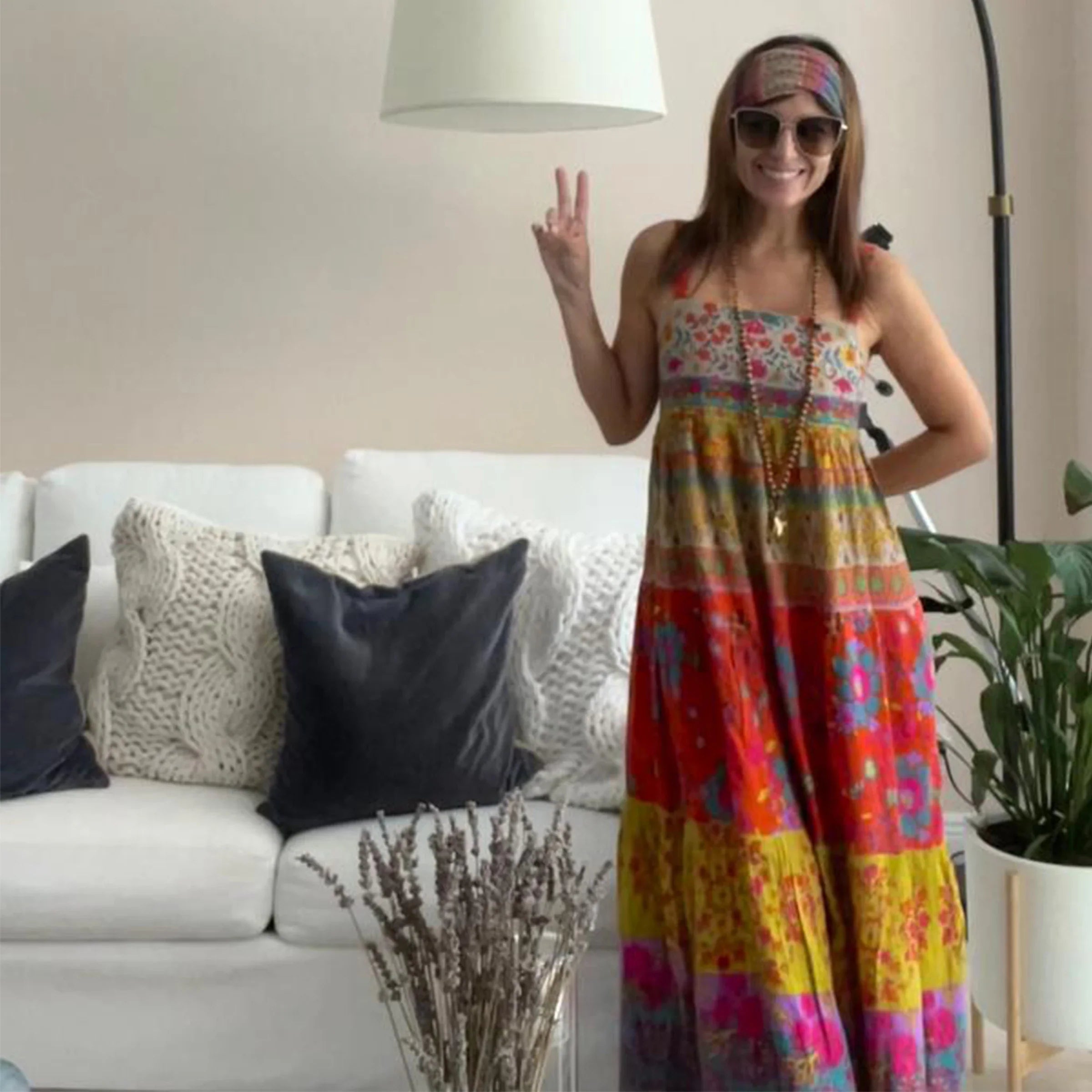 Colorful Floral Ruffle Boho Spaghetti Midi Dress