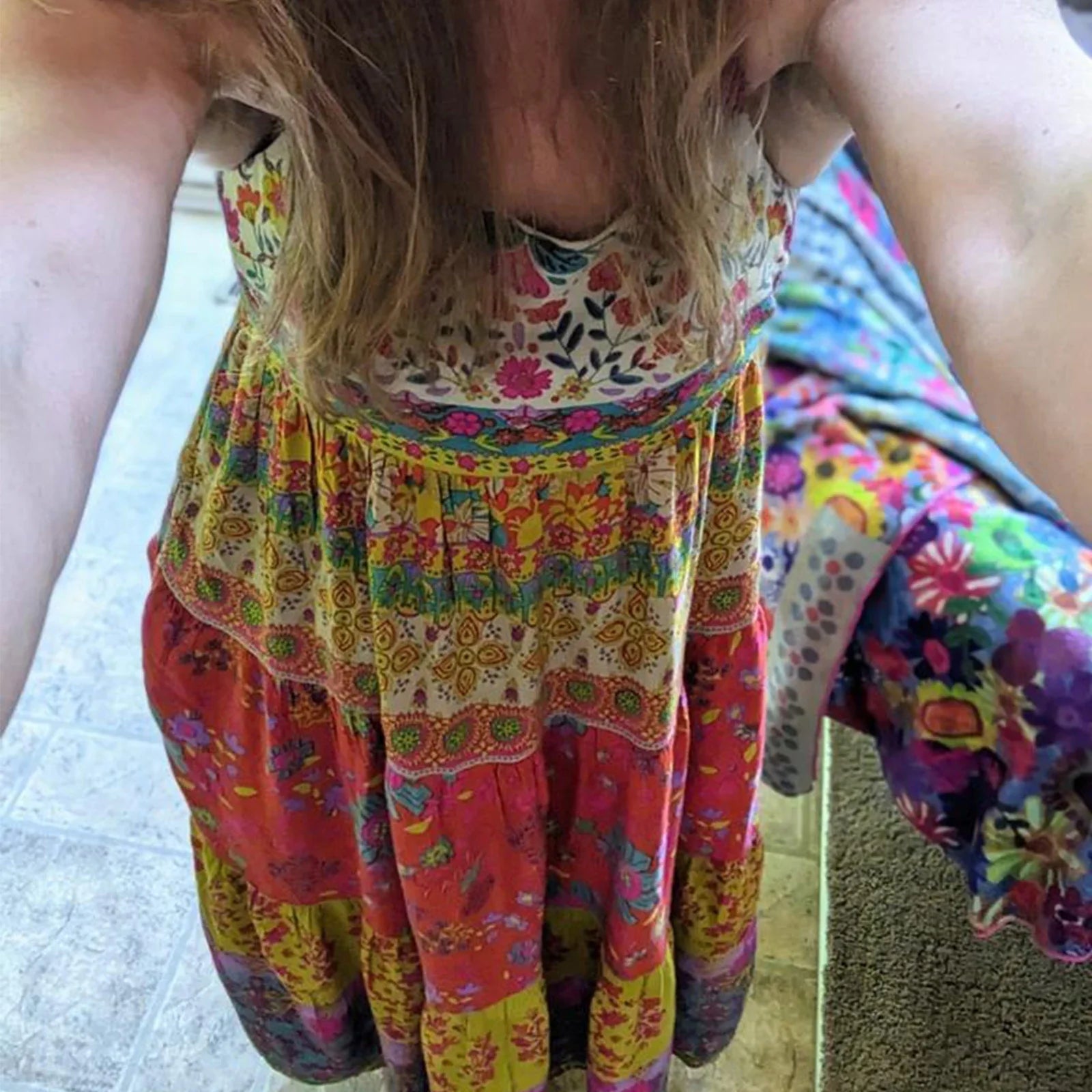 Colorful Graffiti Floral Ruffle Spaghetti Strap Maxi Dress