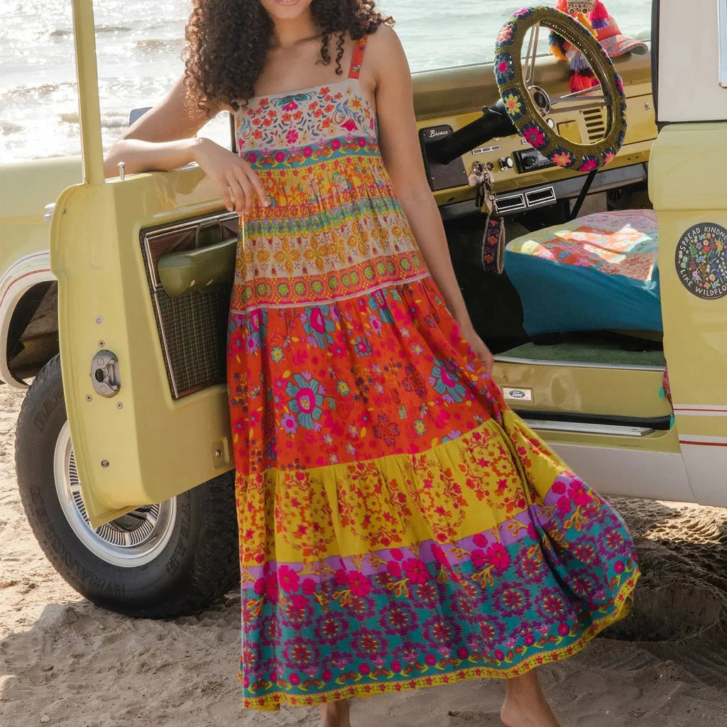 Colorful Floral Ruffle Boho Spaghetti Midi Dress