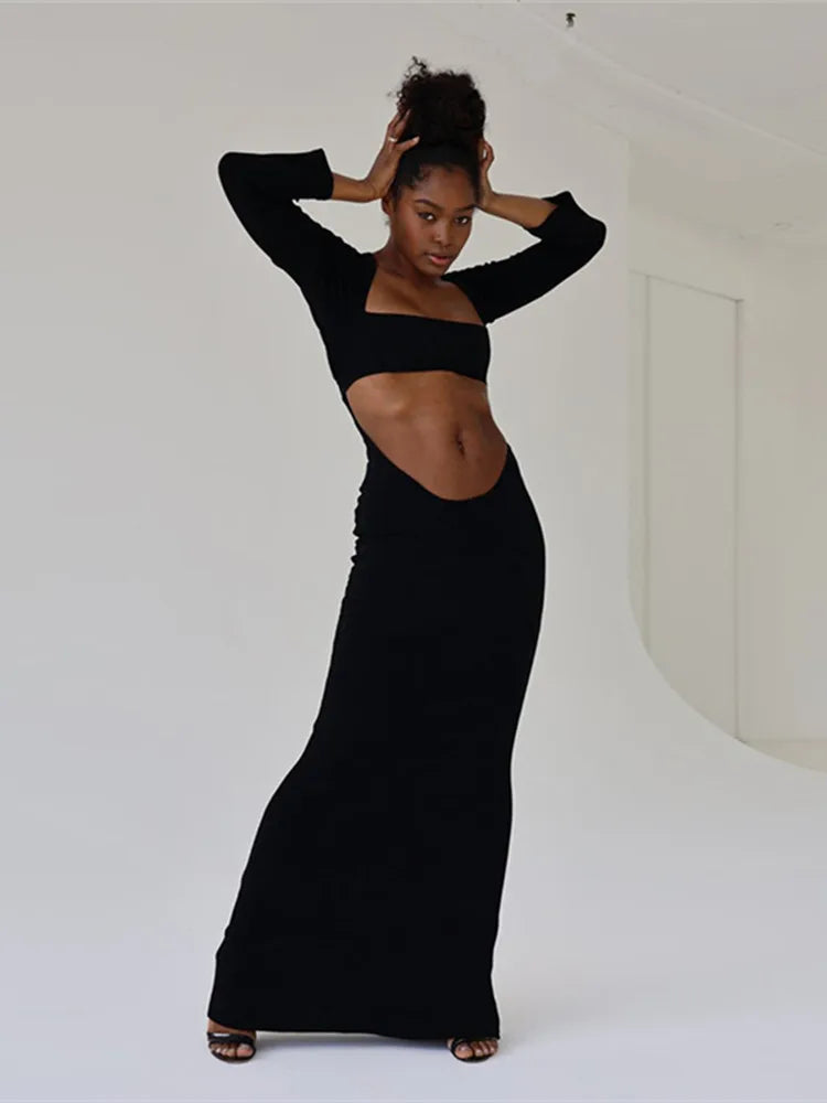 Long Sleeve Square Neck Cutout Bodycon Maxi Dress