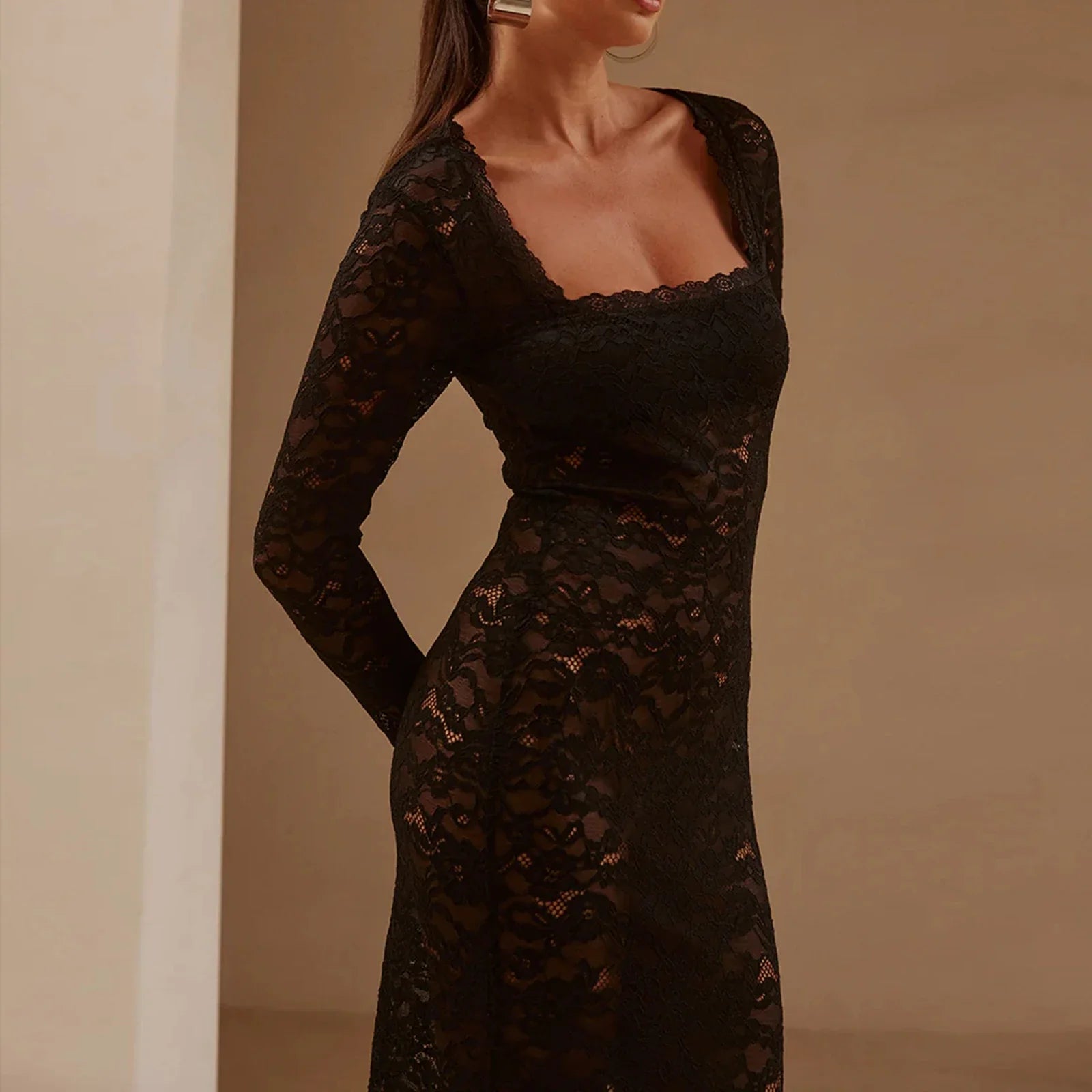 Lace Floral Square Collar See Through Mini Dress