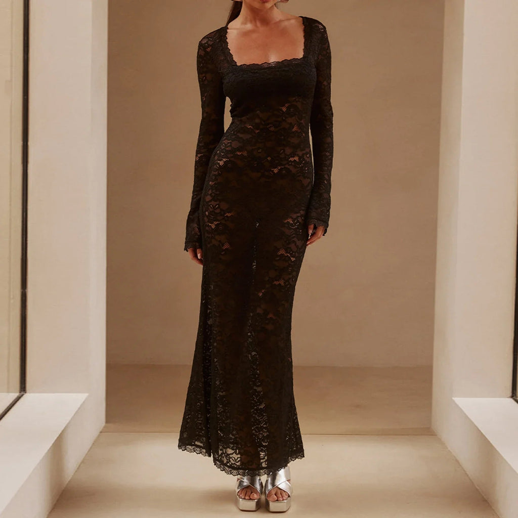 See Through Floral Square Collar Long Sleeve Maxi Dress