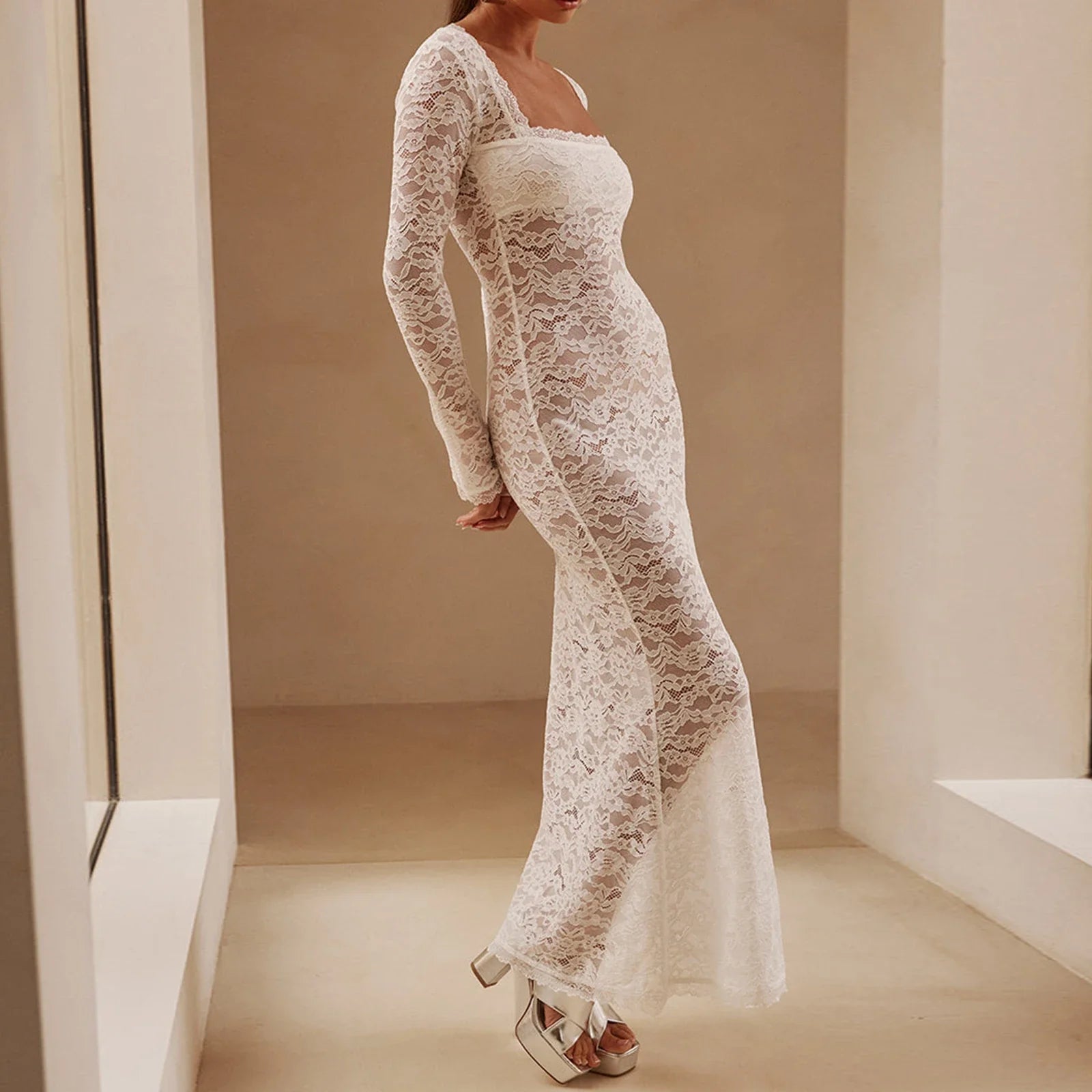 See Through Floral Square Collar Long Sleeve Maxi Dress