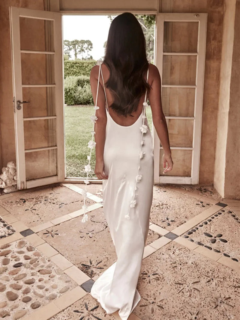 Flower Tassel Sleeveless Sling Party Backless Maxi Dress