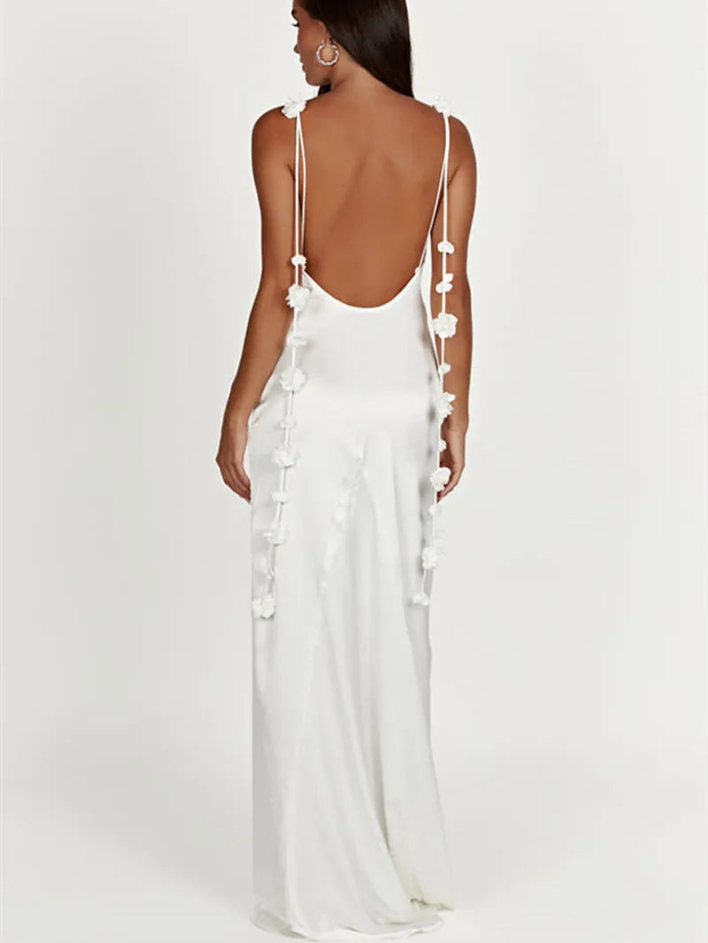 Flower Tassel Sleeveless Sling Party Backless Maxi Dress