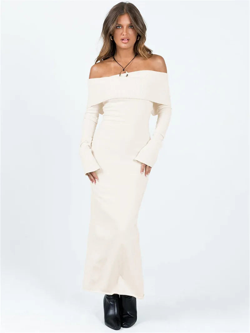 Slit Hem Casual Long Sleeve Knitted Party Maxi Dress