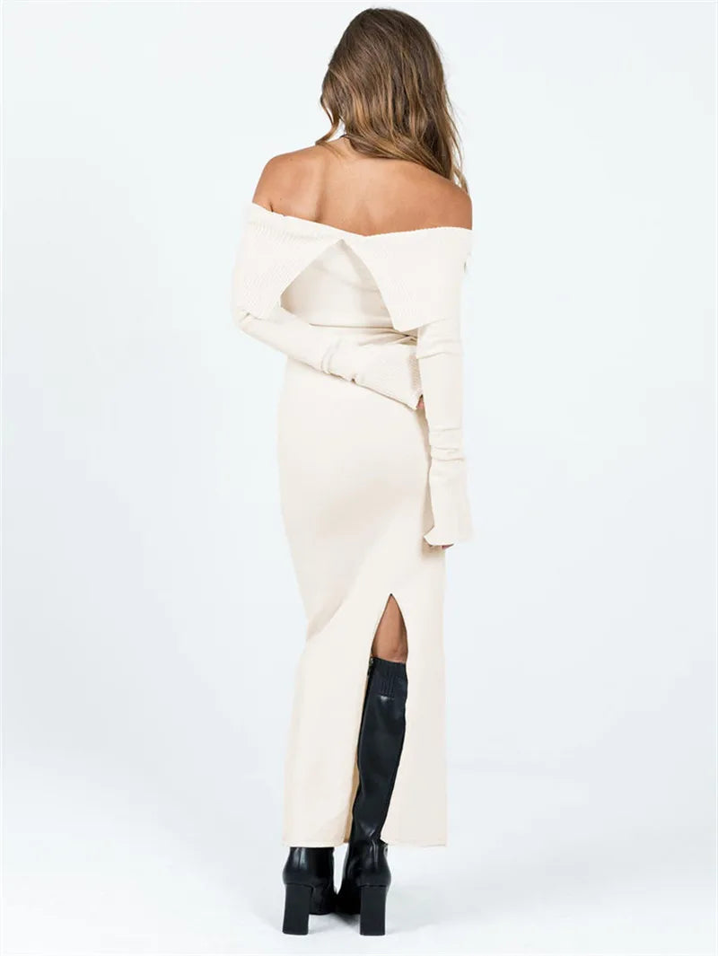 Slit Hem Casual Long Sleeve Knitted Party Maxi Dress