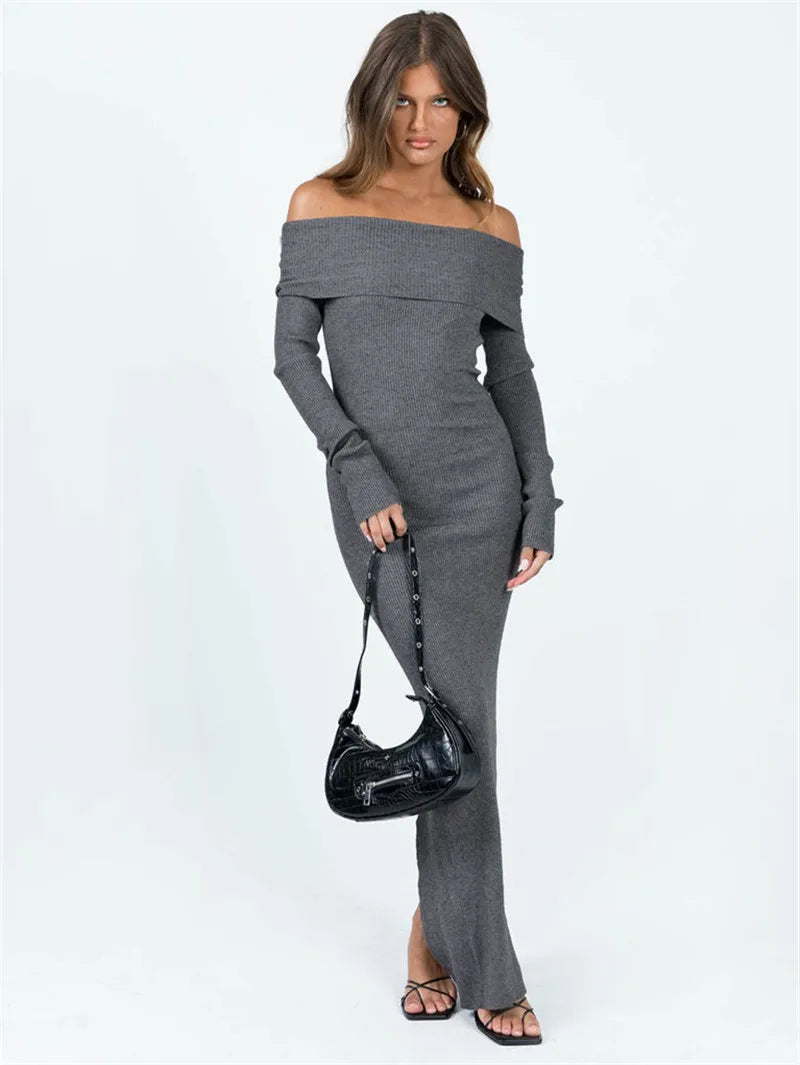 Slit Hem Casual Long Sleeve Knitted Party Maxi Dress