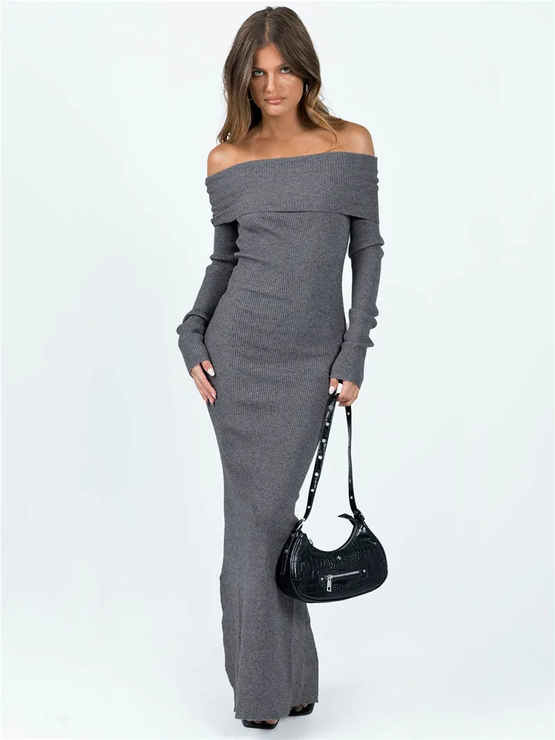 Slit Hem Casual Long Sleeve Knitted Party Maxi Dress