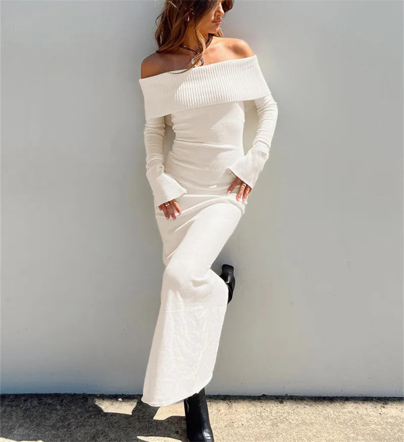 Slit Hem Casual Long Sleeve Knitted Party Maxi Dress