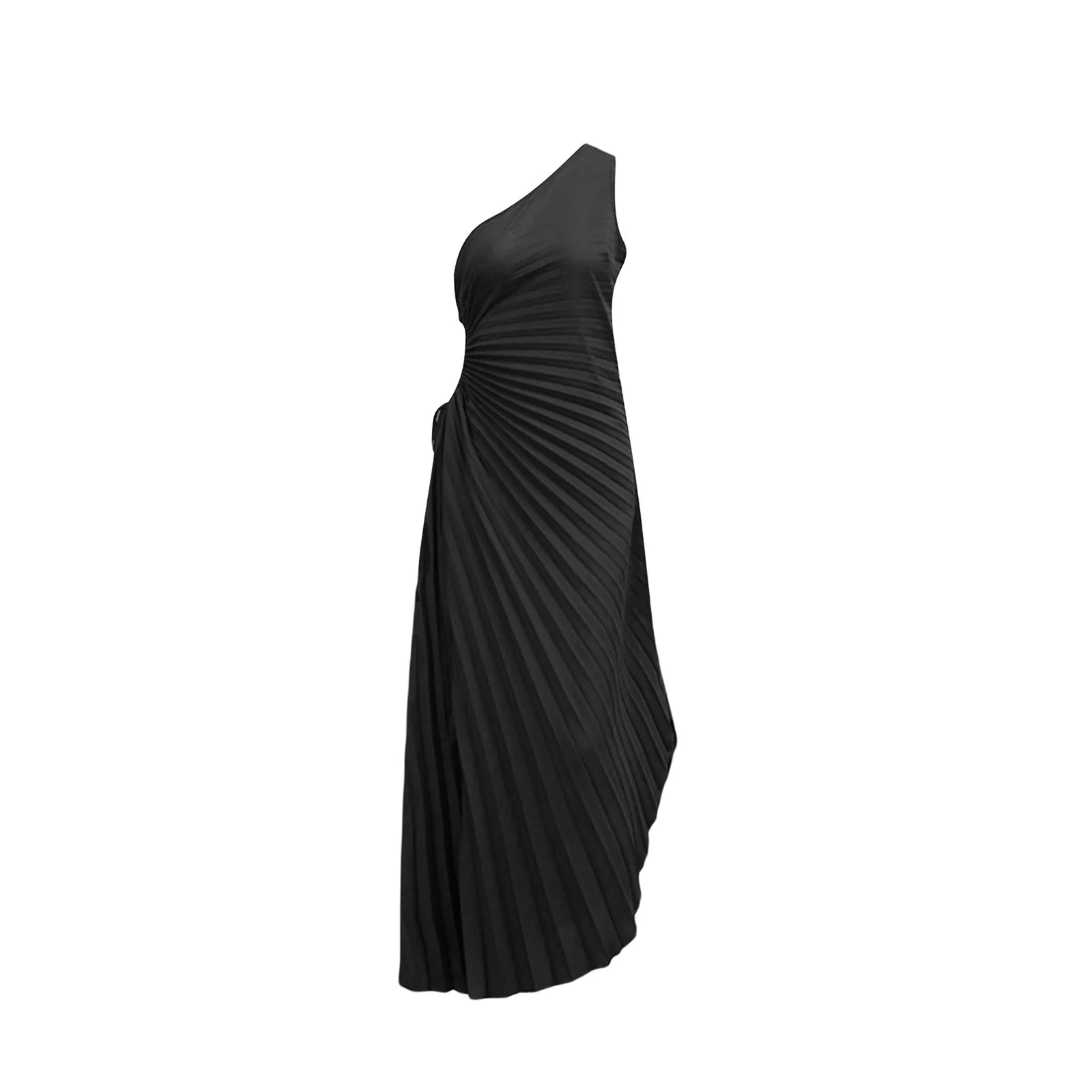 One Shoulder Sleeveless Smocked High Waist Pleated Maxi Dress