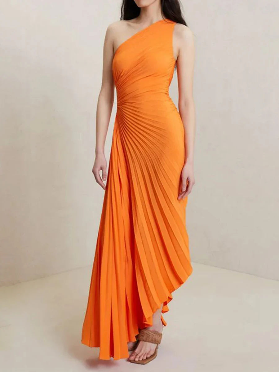 One Shoulder Sleeveless Smocked High Waist Pleated Maxi Dress