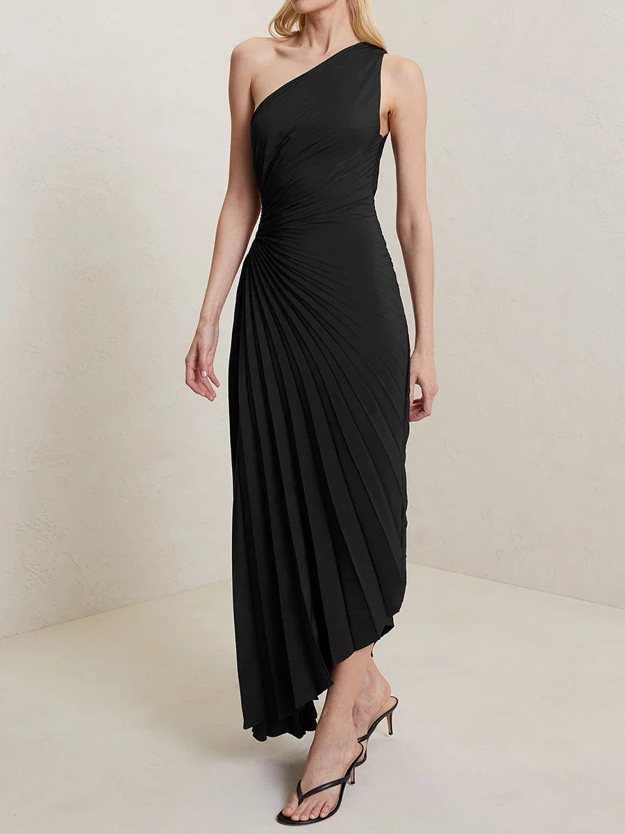 One Shoulder Sleeveless Smocked High Waist Pleated Maxi Dress