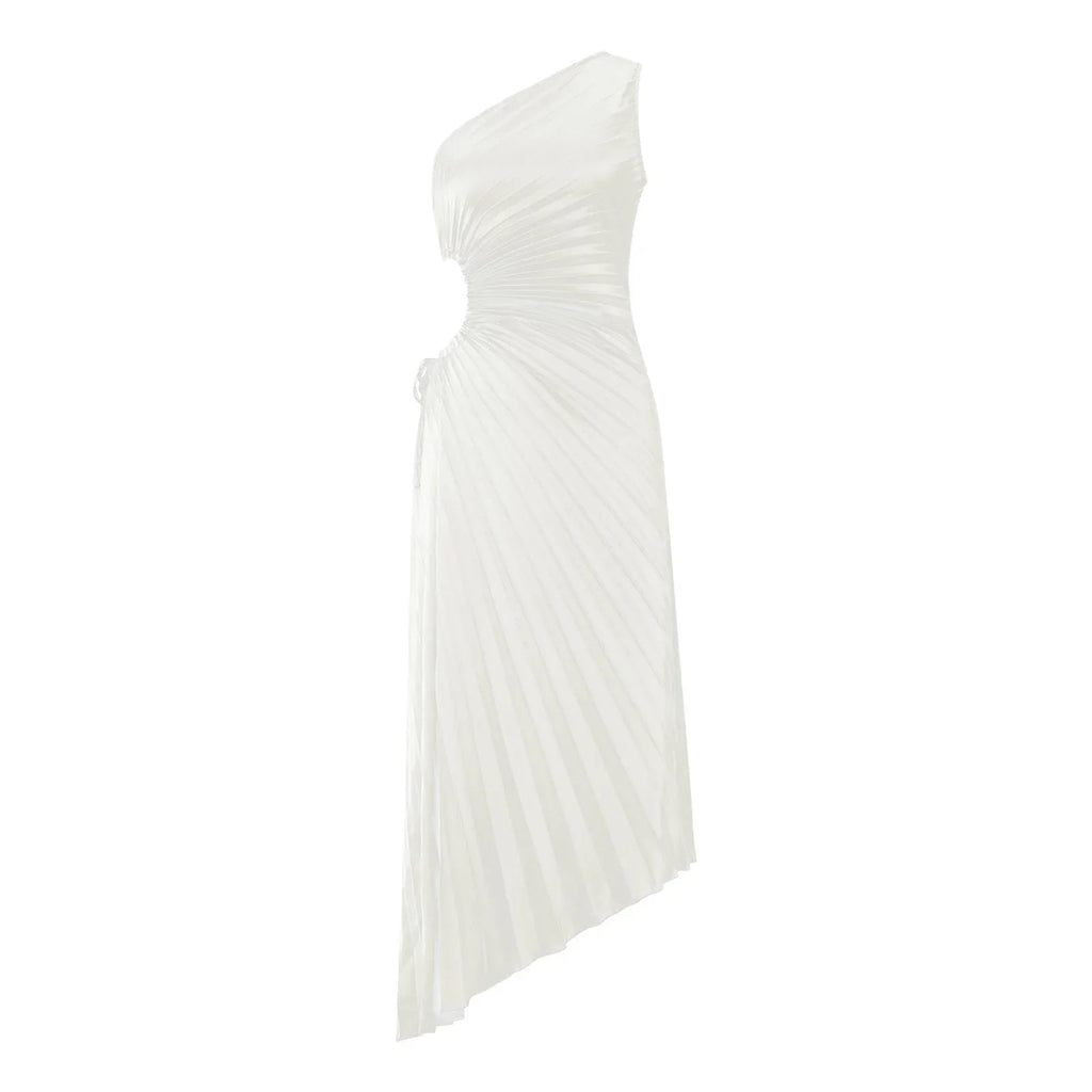 One Shoulder Sleeveless Smocked High Waist Pleated Maxi Dress