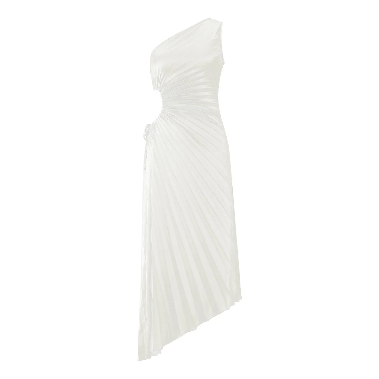 One Shoulder Sleeveless Smocked High Waist Pleated Maxi Dress