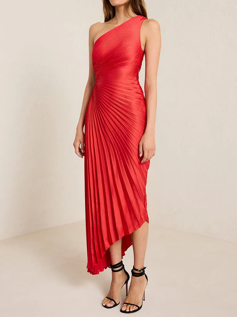 One Shoulder Sleeveless Smocked High Waist Pleated Maxi Dress