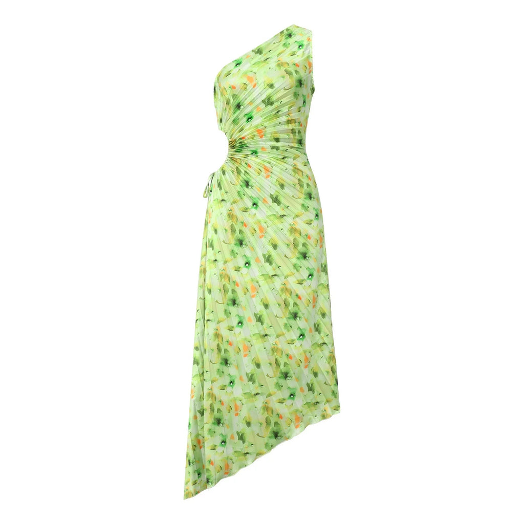 One Shoulder Sleeveless Smocked High Waist Pleated Maxi Dress