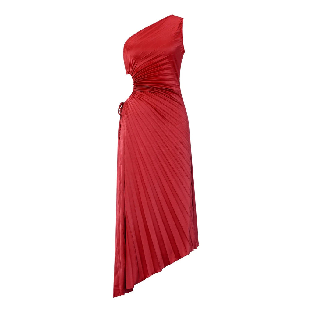 One Shoulder Sleeveless Smocked High Waist Pleated Maxi Dress