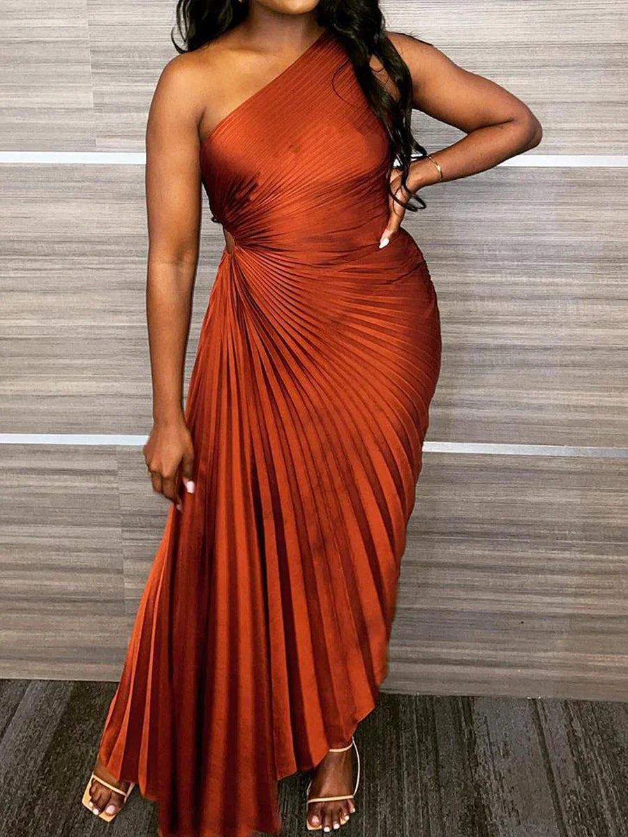 One Shoulder Sleeveless Smocked High Waist Pleated Maxi Dress