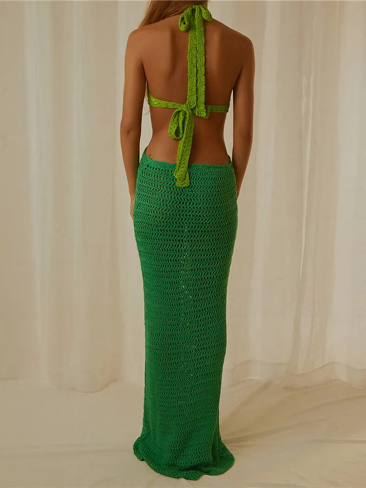 Knitted Crochet Backless Spaghetti Strap Bodycon Maxi Dress