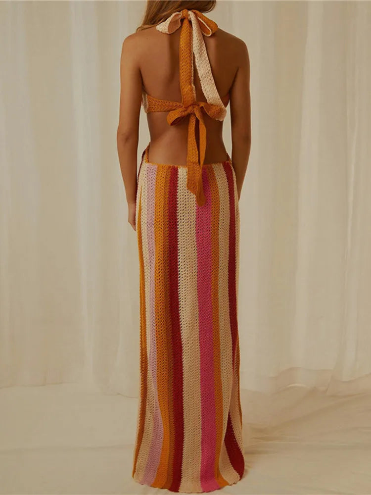 Knitted Crochet Backless Spaghetti Strap Bodycon Maxi Dress