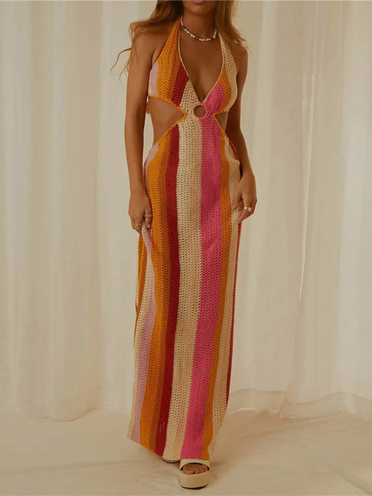 Knitted Crochet Backless Spaghetti Strap Bodycon Maxi Dress