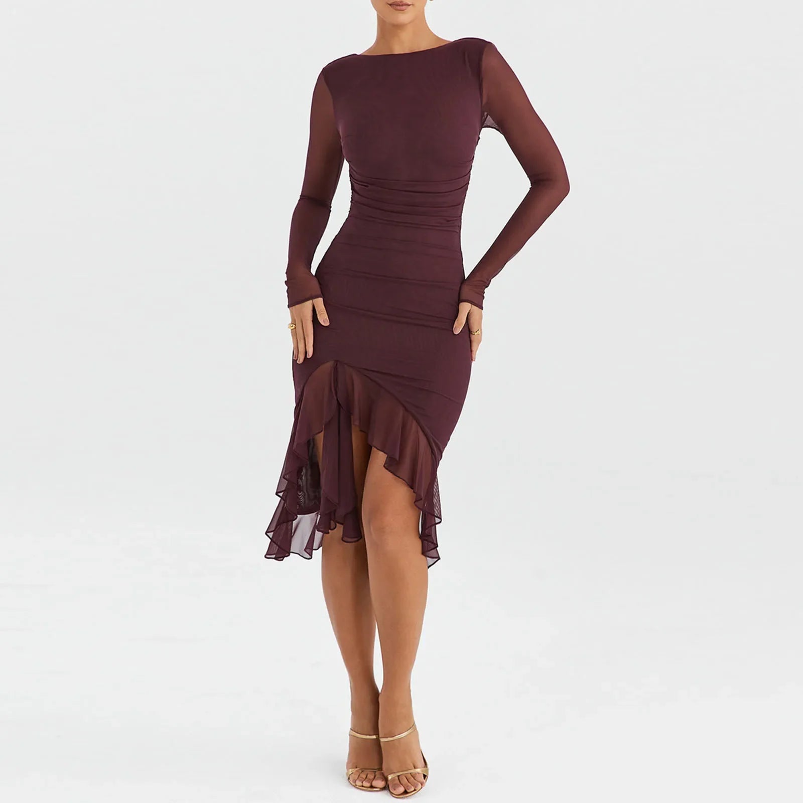 Mermaid Hem Mesh Long Sleeve Midi Dress