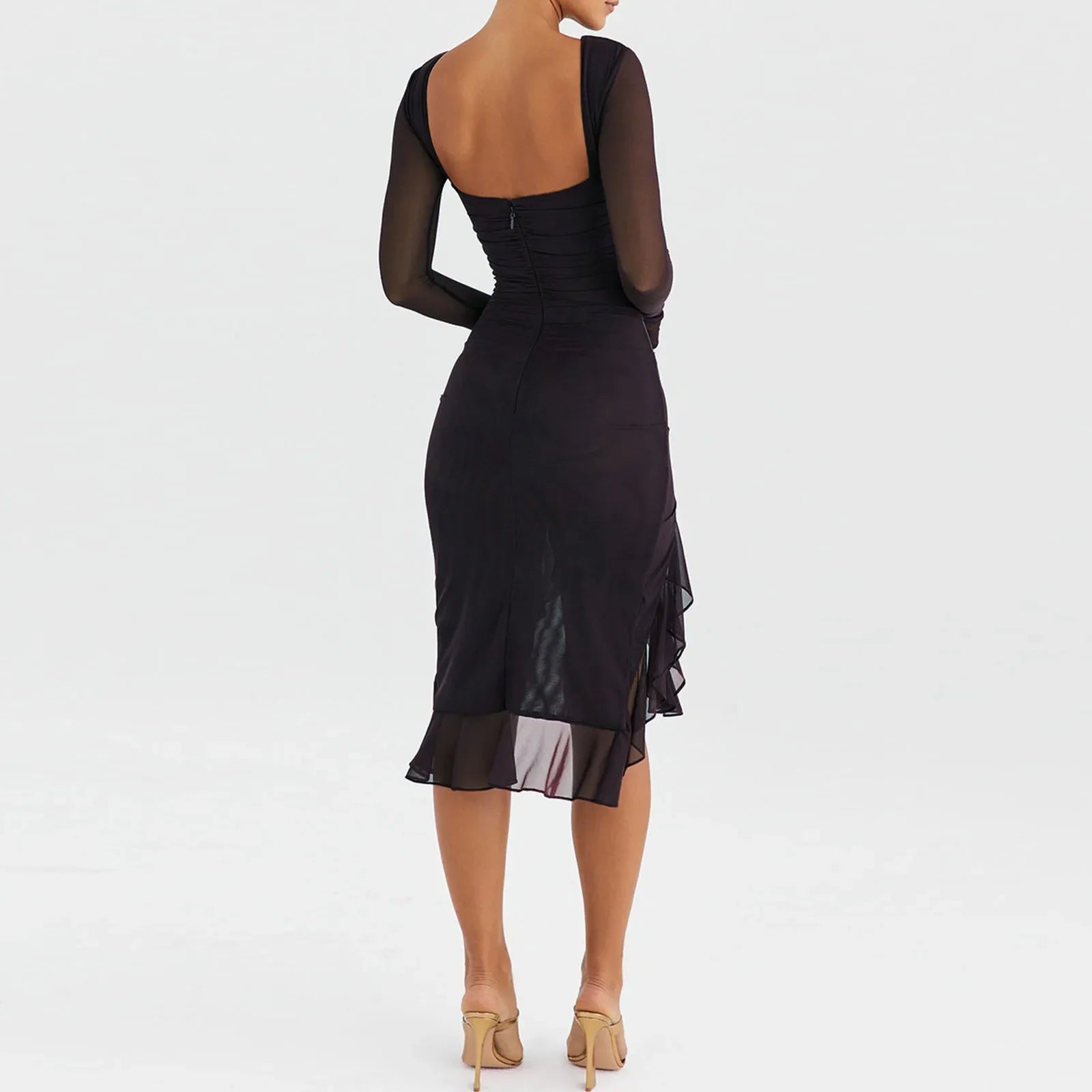 Mermaid Hem Mesh Long Sleeve Midi Dress