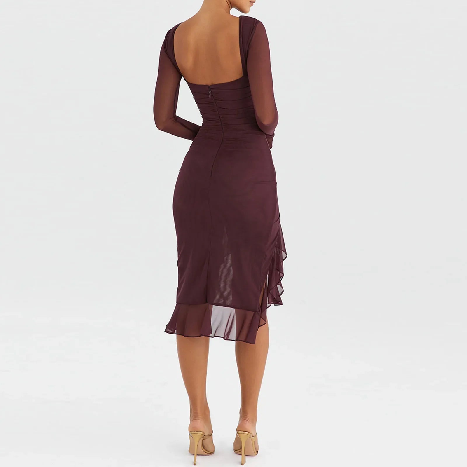 Mermaid Hem Mesh Long Sleeve Midi Dress