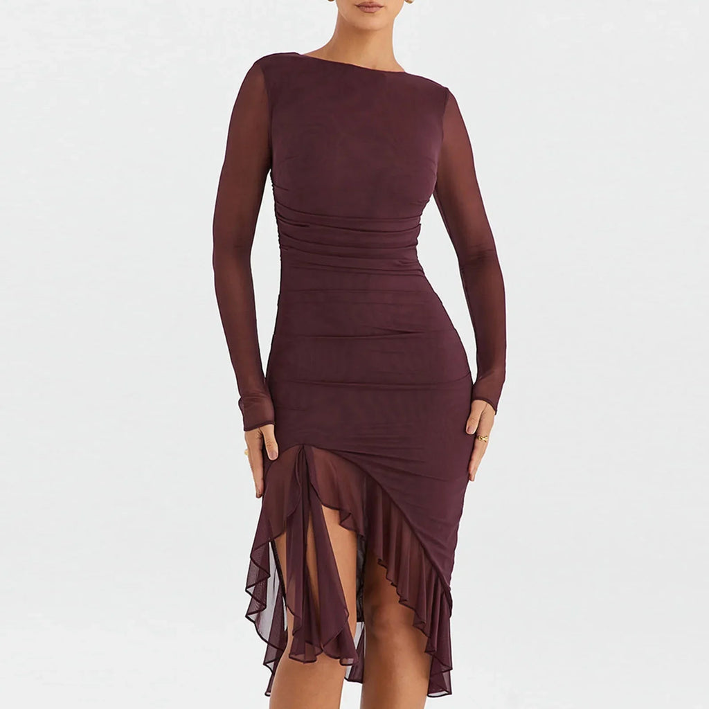 Mermaid Hem Mesh Long Sleeve Midi Dress