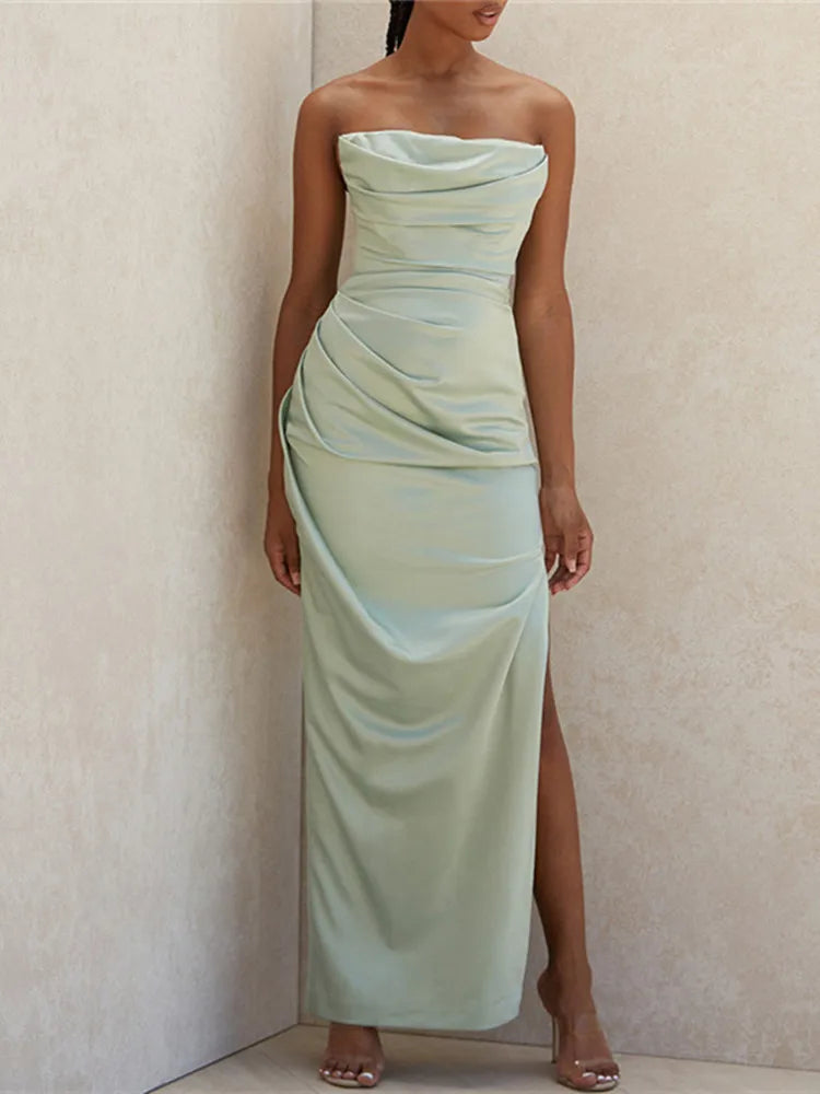 Satin Bodycon Tube Sleeveless Ruched Party Maxi Dress