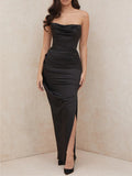 Satin Bodycon Tube Sleeveless Ruched Party Maxi Dress