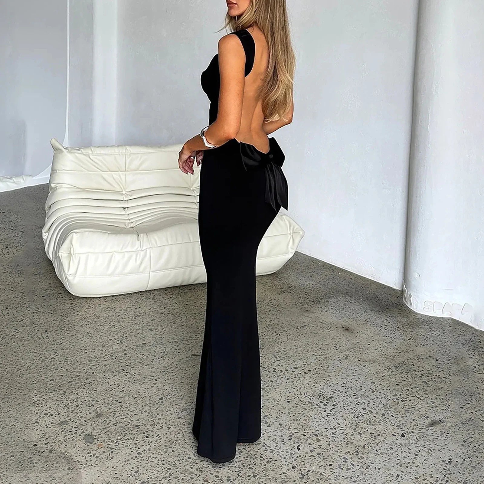 Backless Scoop Neck Bow Tie Open Back Party Maxi Dress