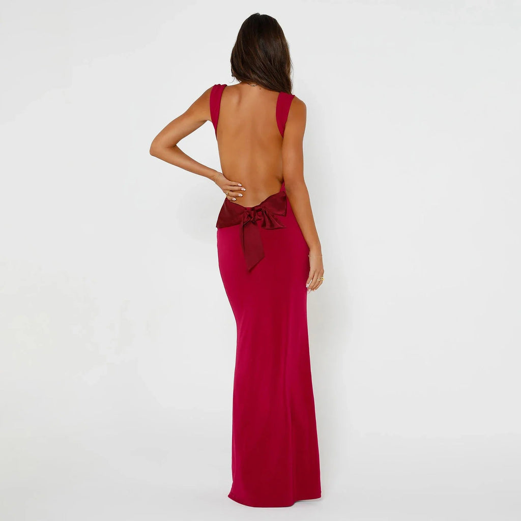 Backless Scoop Neck Bow Tie Open Back Party Maxi Dress