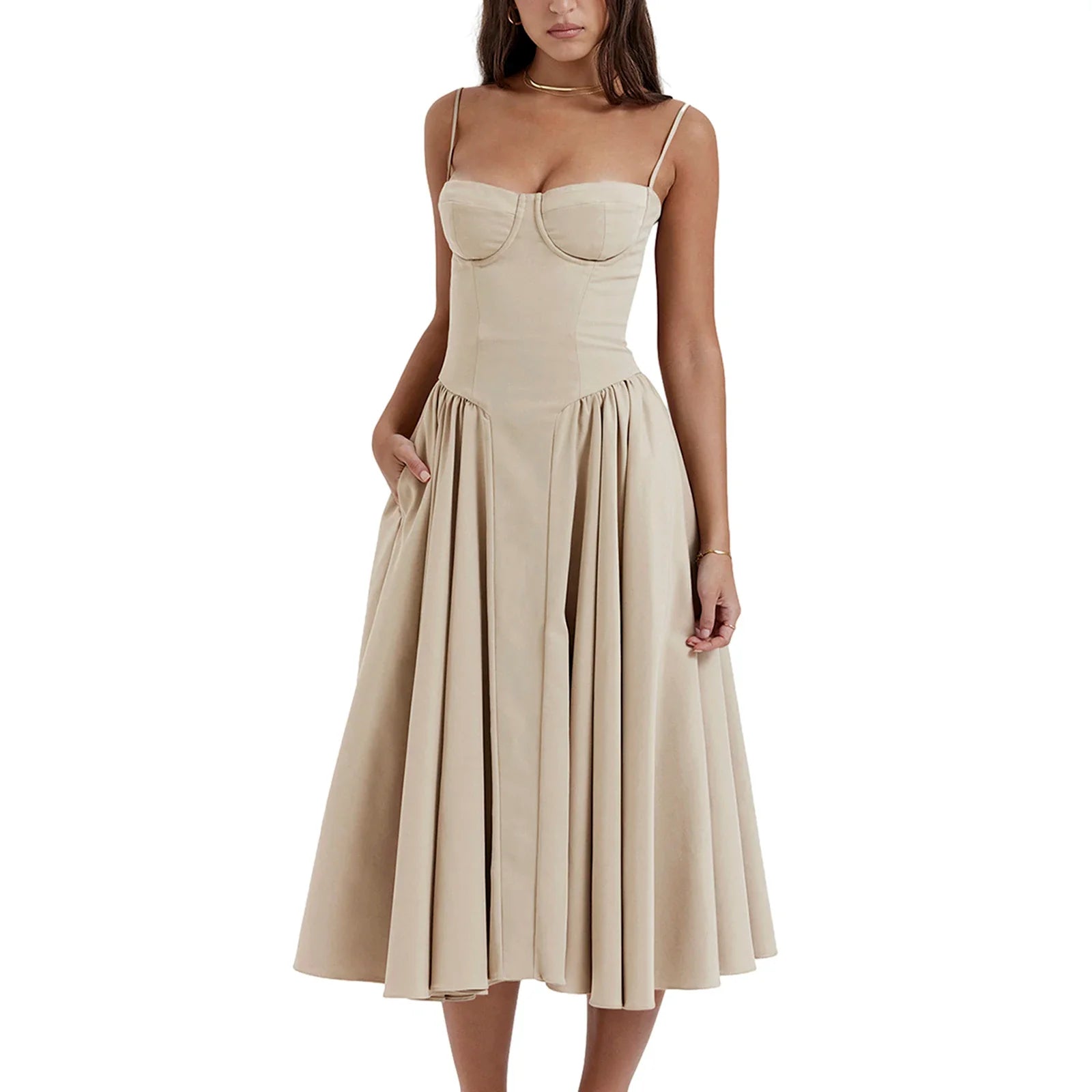 Side Pocket Low Cut Cami Midi Dress