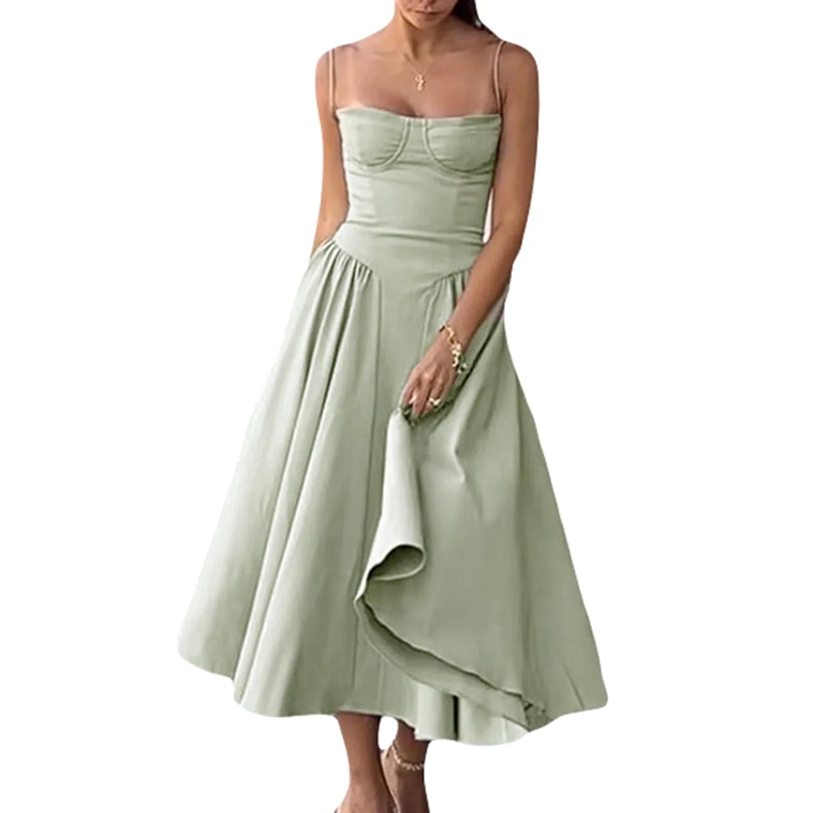 Side Pocket Low Cut Cami Midi Dress