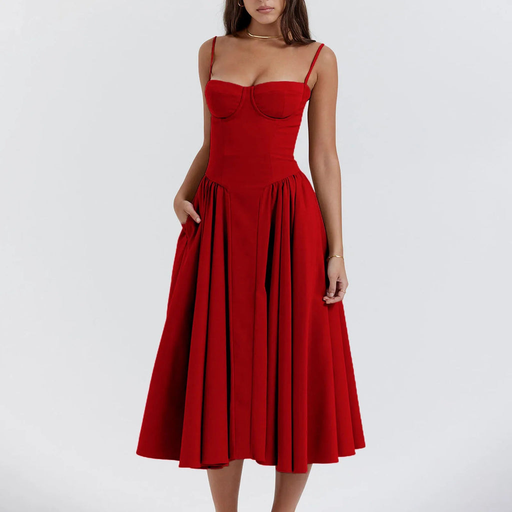 Side Pocket Low Cut Cami Midi Dress