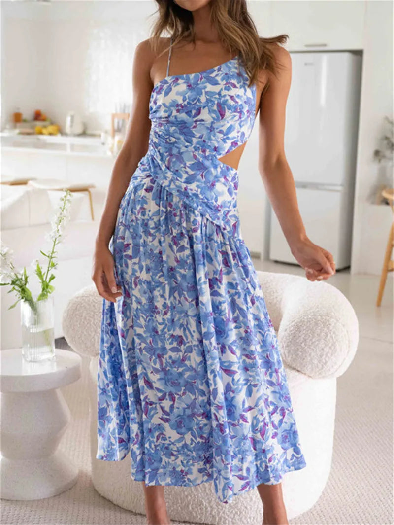 Floral Print Cross Tie-Up Backless Slit Maxi Dress