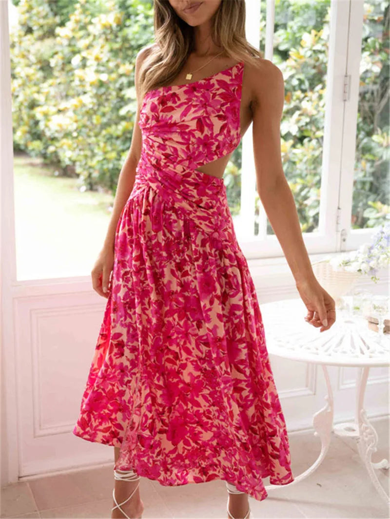 Floral Print Cross Tie-Up Backless Slit Maxi Dress