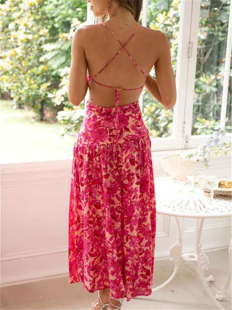 Floral Print Cross Tie-Up Backless Slit Maxi Dress