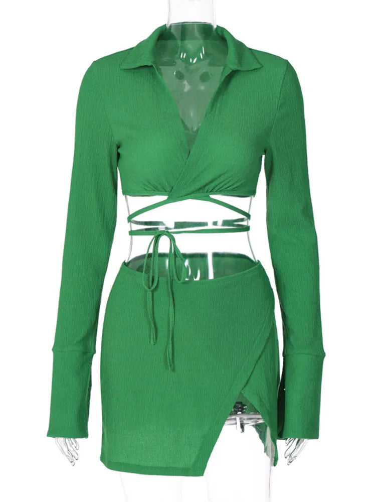 Bandage Lapel Long Sleeve Party Mini Dress
