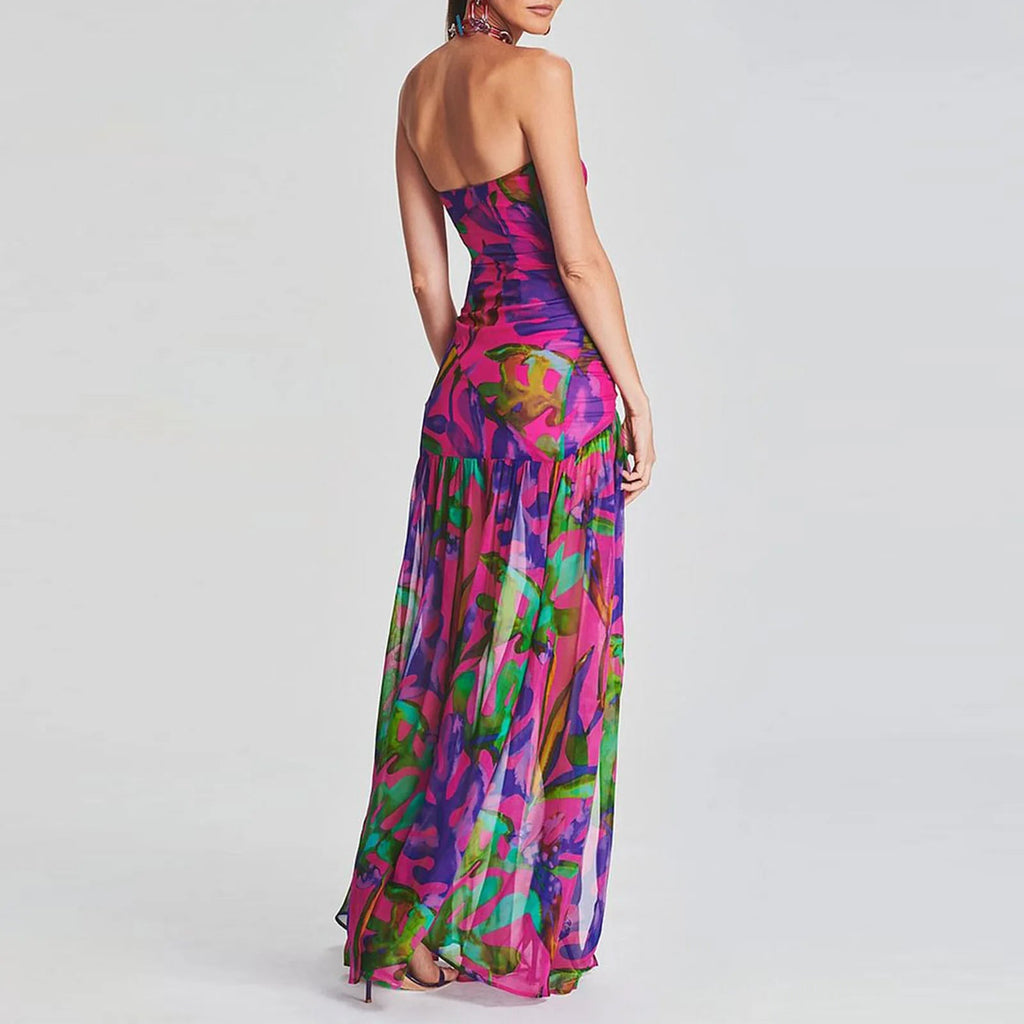 Tube Top Strapless Backless Mesh Patchwork Maxi Dress