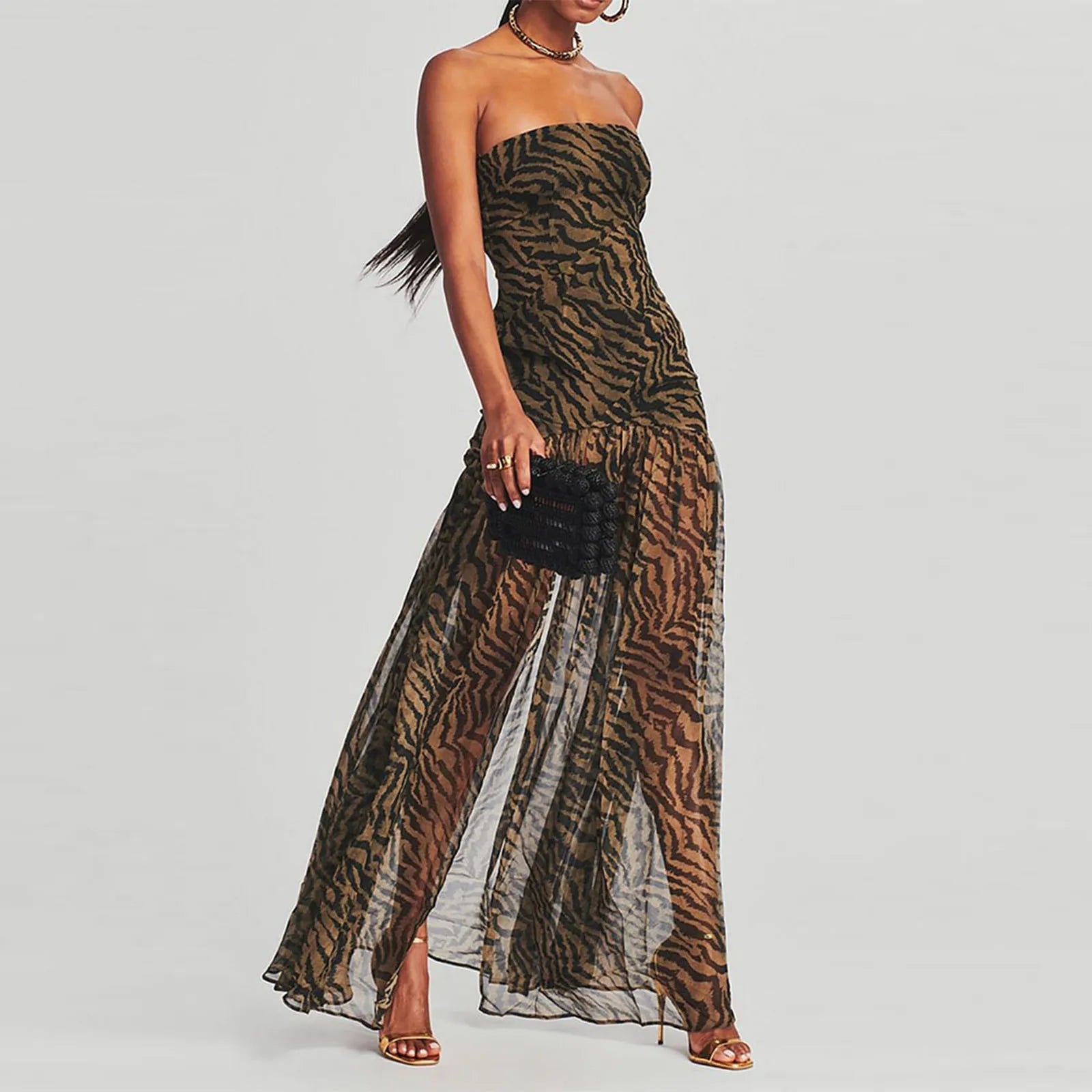 Tube Top Strapless Backless Mesh Patchwork Maxi Dress